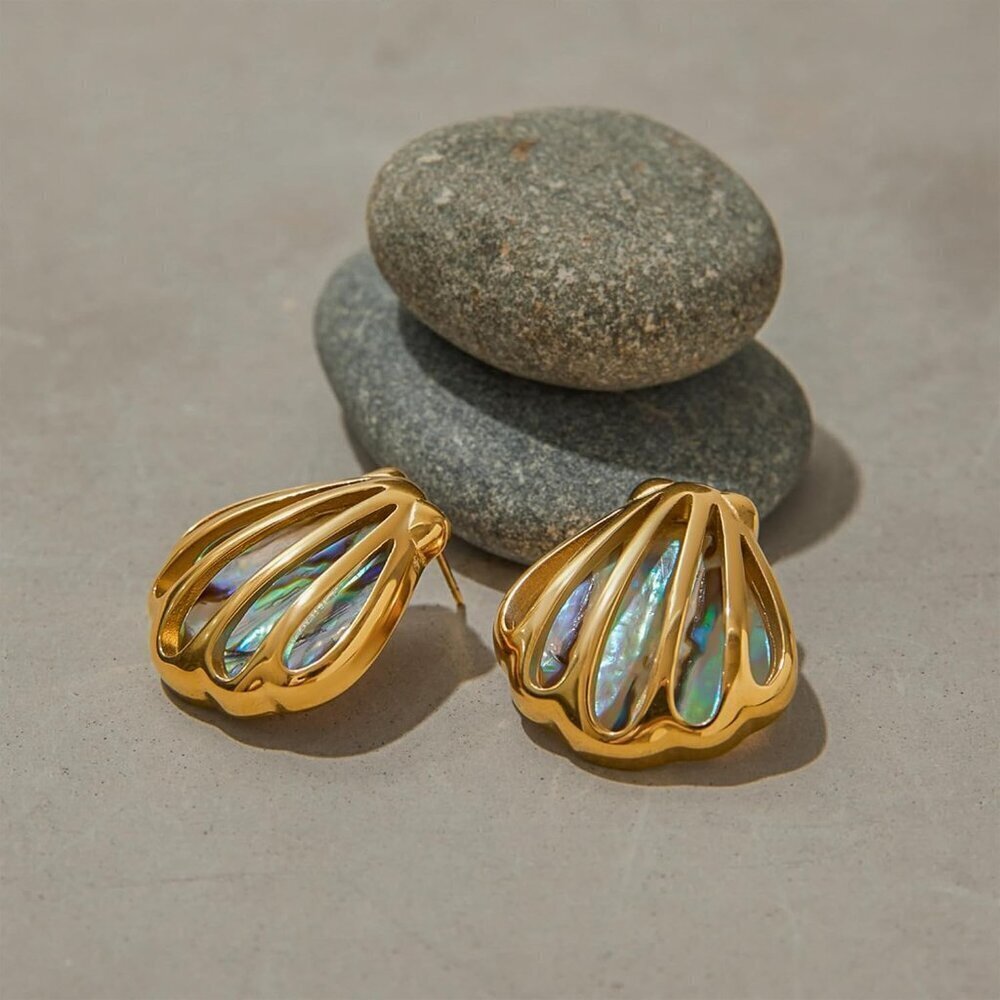 🆕Women Gold Large Hollow Seashell Statement Abalone Shell Earrings Jewelry - Picture 4 of 6